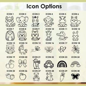 Puede incluir: Una colecci&oacute;n de 30 opciones de iconos en blanco y negro, que incluyen animales, objetos y formas. Los iconos est&aacute;n numerados y etiquetados con el texto "Icon Options" en la parte superior. Los iconos incluyen un mapache, un elefante, una cebra, un mono, un hipop&oacute;tamo, una ardilla, etc.