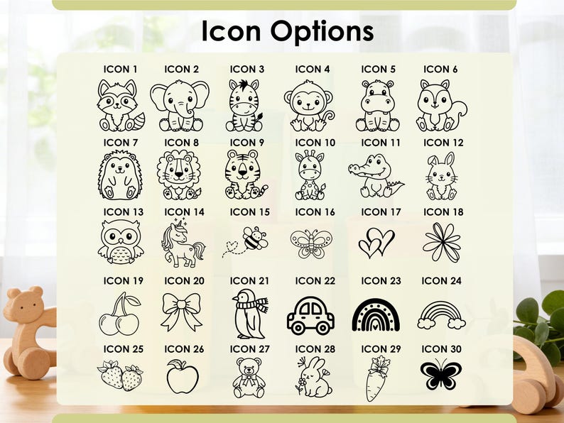Puede incluir: Una colecci&oacute;n de 30 opciones de iconos en blanco y negro, que incluyen animales, objetos y formas. Los iconos est&aacute;n numerados y etiquetados con el texto "Icon Options" en la parte superior. Los iconos incluyen un mapache, un elefante, una cebra, un mono, un hipop&oacute;tamo, una ardilla, etc.