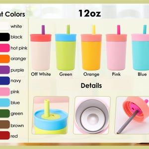 Puede incluir: Un conjunto de cinco vasos de 12 oz en blanco roto, verde, naranja, rosa y azul. Cada vaso tiene una tapa y una pajita a juego. La imagen tambi&eacute;n muestra detalles de los componentes y una carta de colores.