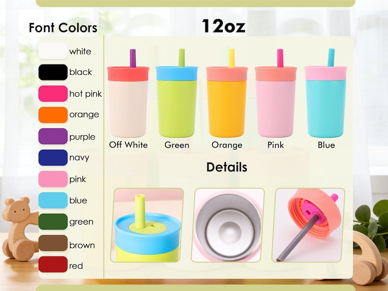 Puede incluir: Un conjunto de cinco vasos de 12 oz en blanco roto, verde, naranja, rosa y azul. Cada vaso tiene una tapa y una pajita a juego. La imagen tambi&eacute;n muestra detalles de los componentes y una carta de colores.