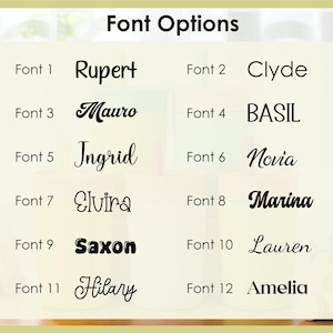 Puede incluir: Gr&aacute;fico que muestra "Opciones de fuente" con doce opciones de fuente diferentes. Cada fuente se combina con un nombre, como "Rupert" y "Clyde". Las fuentes var&iacute;an en estilo, desde negrita hasta cursiva. Un juguete de madera es visible en primer plano.