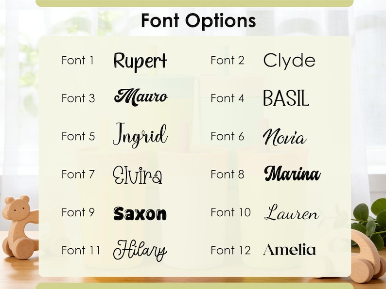 Puede incluir: Gr&aacute;fico que muestra "Opciones de fuente" con doce opciones de fuente diferentes. Cada fuente se combina con un nombre, como "Rupert" y "Clyde". Las fuentes var&iacute;an en estilo, desde negrita hasta cursiva. Un juguete de madera es visible en primer plano.