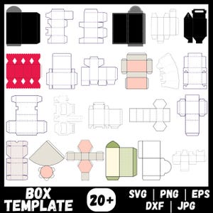 May include: A collection of over twenty box templates in various designs, including black, red, and pastel colors. The image includes the text "BOX TEMPLATE" and file type options: SVG, PNG, EPS, DXF, and JPG.