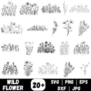Puede incluir: Ilustraciones en blanco y negro de varias flores silvestres y arreglos florales. La imagen incluye una variedad de tipos de flores, con el texto "WILD FLOWER" y "20+" en la parte inferior, junto con abreviaturas de tipos de archivo.
