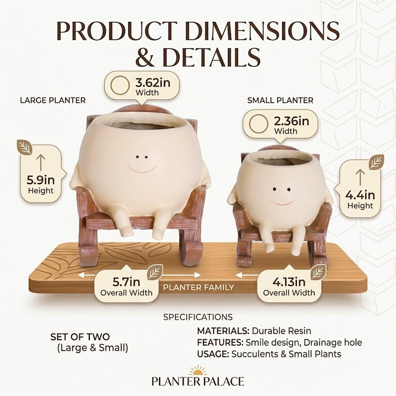 A whimsical cream-colored round face planter with a simple painted smile, sitting relaxed in a miniature brown wooden rocking chair. The cute character pot has small legs dangling down and is holding a vibrant pink and green fittonia nerve plant on a rustic wooden table.