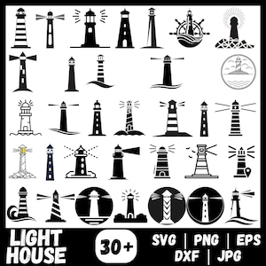 Può includere: Una collezione di oltre 30 illustrazioni di fari in bianco e nero. I disegni includono vari stili di fari, alcuni con fasci di luce e altri con onde. L'immagine include anche informazioni sul tipo di file: SVG, PNG, EPS, DXF e JPG.