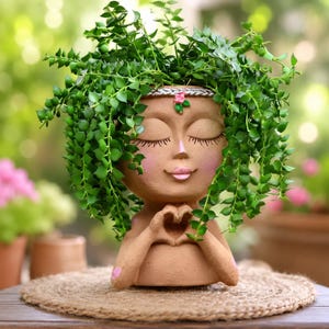 Face Planter Pot with Heart Hands, Meditating Face Head Planter, Cute Girl Resin Flower Pot, Boho Succulent Pot Indoor Garden Decor Gift