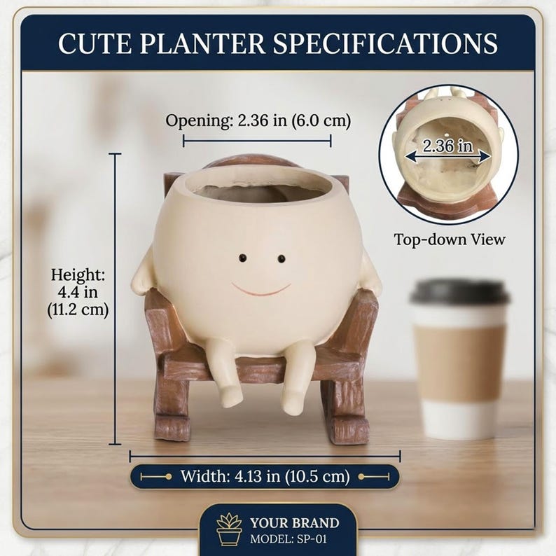 A whimsical cream-colored round face planter with a simple painted smile, sitting relaxed in a miniature brown wooden rocking chair. The cute character pot has small legs dangling down and is holding a vibrant pink and green fittonia nerve plant on a rustic wooden table.