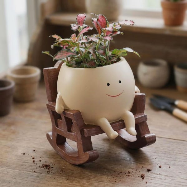 Cute Rocking Chair Planter, Whimsical Face Plant Pot, Funny Sitting Figurine, Unique Housewarming Gift, Aesthetic Desk Decor, Head Vase