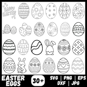 May include: Black and white Easter-themed digital art featuring various decorated eggs, a bunny holding an egg, and the text "HAPPY EASTER." Includes file format options: SVG, PNG, EPS, DXF, and JPG.