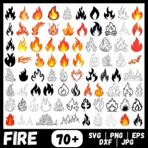 May include: A collection of over 70 fire-themed graphics in various styles. The designs include flames in red, orange, yellow, and black, with some outlined and others solid. The word "FIRE" is at the bottom, along with file type options.