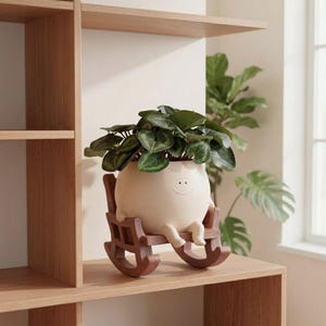 Alt Text: A whimsical cream-colored round face planter with a simple painted smile, sitting relaxed in a miniature brown wooden rocking chair. The cute character pot has small legs dangling down and is holding a vibrant pink and green fittonia nerve plant on a rustic wooden table.