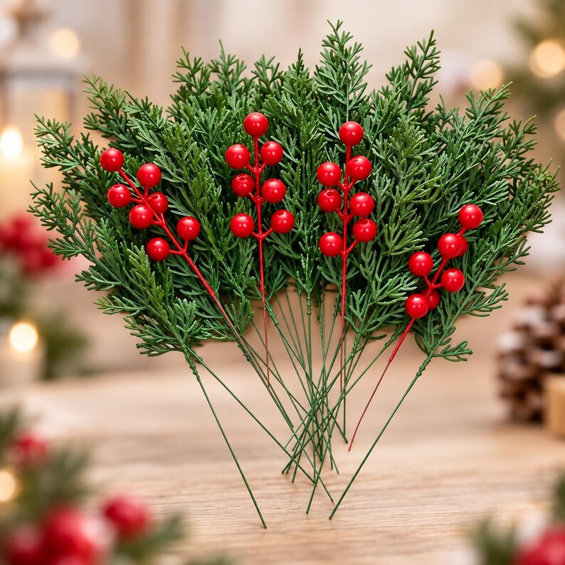 Real Touch Norfolk Pine Branches With Red Berries Set, Faux Christmas ...