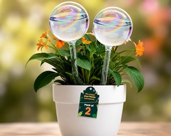 Glass Plant Watering Globes Pack of 2, Self Watering Bulbs for Indoor Outdoor Plants, Plant Lover Gift, Iridescent Aqua Spikes Vacation Care