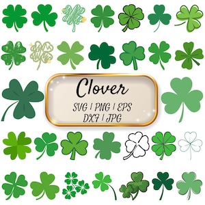 Puede incluir: Una colección de ilustraciones de tréboles verdes en varios estilos. La imagen incluye un letrero rectangular con la palabra "Clover" e información del tipo de archivo. Los tréboles varían en forma y diseño, adecuados para el Día de San Patricio o proyectos temáticos de la naturaleza.