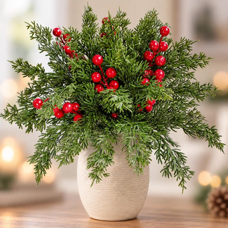 Real Touch Norfolk Pine Branches With Red Berries Set, Faux Christmas ...