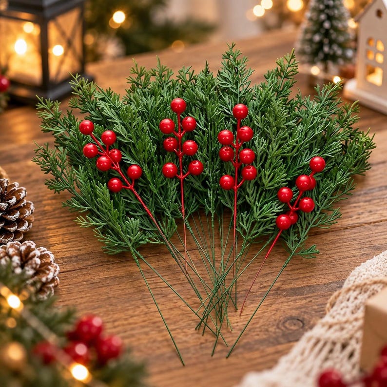 Real Touch Norfolk Pine Branches With Red Berries Set, Faux Christmas ...