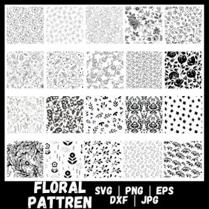 May include: A selection of black and white floral patterns featuring diverse designs of flowers, leaves, and vines. The image includes the text "FLORAL PATTREN" and file type abbreviations: SVG, PNG, EPS, DXF, and JPG.