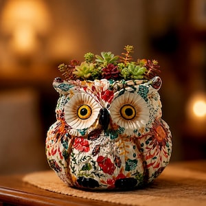 May include: An owl-shaped planter featuring a cream-colored base decorated with a vibrant, multi-colored floral and leaf pattern. The owl has large, round yellow eyes with black pupils and a black beak, filled with a variety of small green succulents.