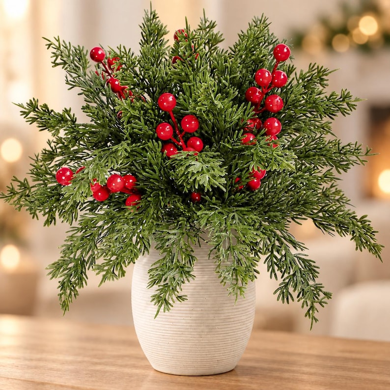 Real Touch Norfolk Pine Branches With Red Berries Set, Faux Christmas ...