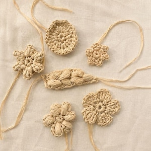 Bundel haakpatronen voor raffiabloemen | 5 bloempatronen + bonus tarweaar | Raffia hoedversiering | Zomertasapplicatie | PDF-handleiding