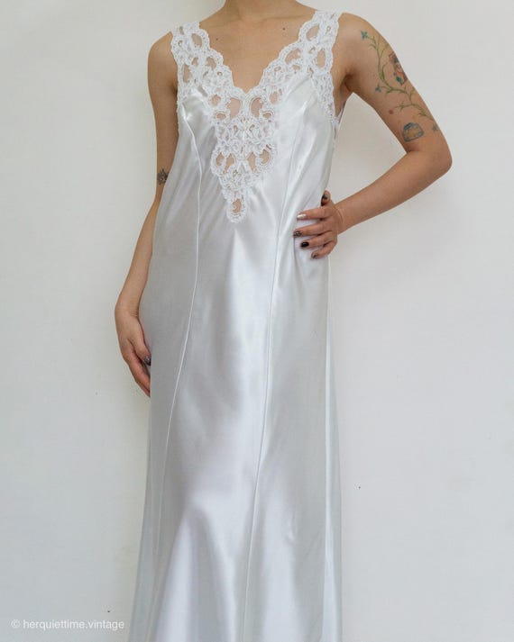 vintage beaded slip dress 1990s Étienne white satin Size:S (4,6)