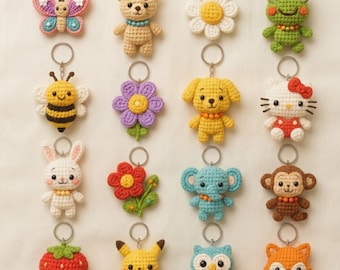 Crochet Keychain Pattern Bundle, 16 Kawaii Amigurumi Animals, Flowers PDF