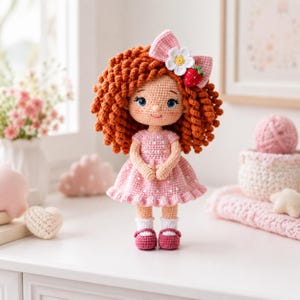 May include: A handmade crochet doll with vibrant orange curly hair, wearing a pink dress with white polka dots. The doll features a large pink hair bow adorned with a white flower and a small red strawberry, white socks, and dark pink shoes.