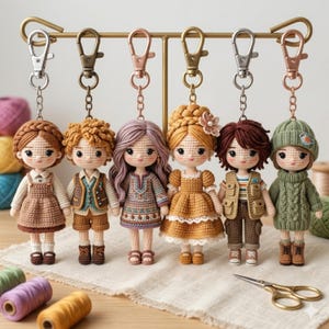 May include: A collection of seven handmade crochet doll keychains. Each doll has a unique hairstyle and outfit, including dresses, vests, and hats. The dolls are attached to metal keychains and are displayed on a gold-colored bar. The dolls are approximately 4 inches tall.