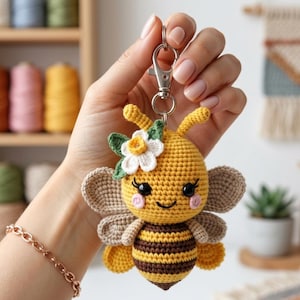 Puede incluir: Un llavero de abeja de ganchillo con cuerpo amarillo, rayas marrones y amarillas, y alas color canela. La abeja tiene una flor blanca con hojas verdes en la cabeza y está sujeta a un cierre plateado.