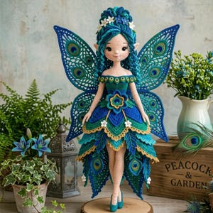 May include: A handcrafted crochet fairy doll, featuring peacock-inspired wings and a dress in shades of blue and green. The doll has blue hair, delicate facial features, and is decorated with small white flowers. It stands on a wooden base.