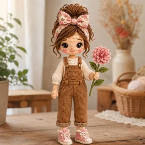 May include: A handcrafted crochet doll with brown yarn hair styled in a high bun, wearing a floral print headband, a cream-colored long-sleeve shirt, brown overalls, and pink sneakers. The doll holds a single pink crocheted flower with green leaves.