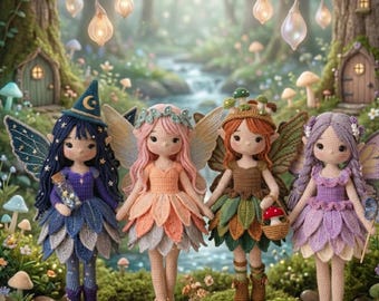 Patrón de ganchillo 4 en 1 para hadas del bosque: muñecas amigurumi con alas y vestidos florales (descarga en PDF)