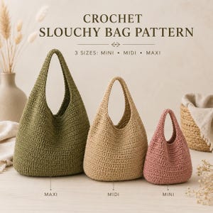 May include: Three crochet slouchy bags in olive green, beige, and dusty pink. The text reads: CROCHET SLOUCHY BAG PATTERN, 3 SIZES: MINI • MIDI • MAXI. The bags are labeled as Maxi, Midi, and Mini, showing a progression in size from largest to smallest.