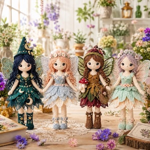 May include: Four handcrafted crochet dolls standing in a row, each featuring intricate fairy-inspired outfits with wings. The dolls have distinct hair colours including dark blue, pink, brown, and lavender, paired with matching dresses and boots.
