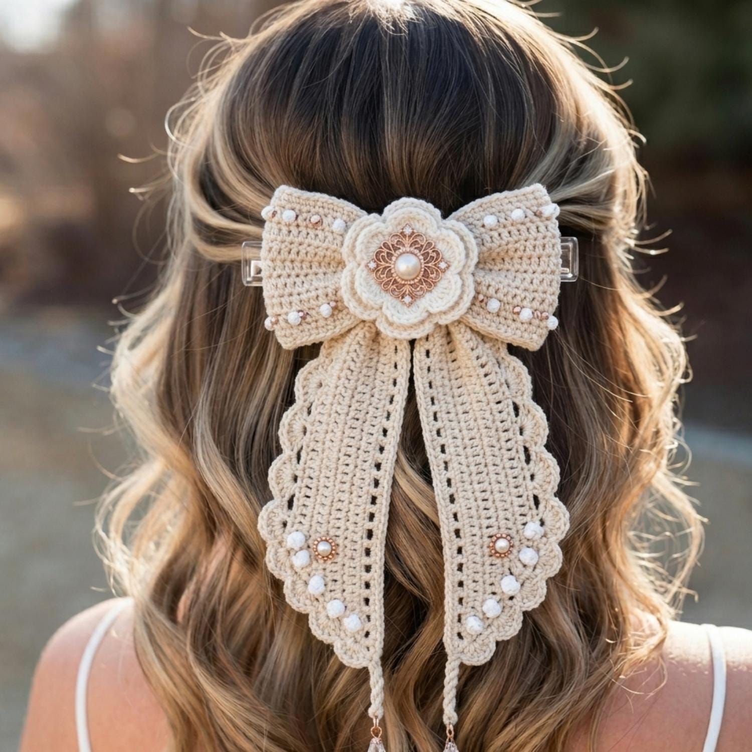 36 Crochet Hair Clips with Sunflowers, Bows, Flowers, and Fruit 27 Vintage Crochet Bow Hair Clip Pattern Lace Ribbon Bow
