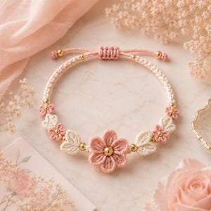 Pink Floral Macrame Bracelet Pattern, Beginner DIY Cord Jewelry Tutorial (PDF Download)