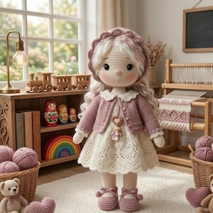 Könnte beinhalten: Eine handgefertigte Häkelpuppe mit langen, welligen weißen und rosa Haaren, die eine rosa Jacke, ein weißes Kleid und passende Schuhe trägt. Die Puppe hat eine Haube und einen herzförmigen Anhänger. Der Hintergrund zeigt ein Holzregal mit Spielzeug und einen Korb mit Garn.