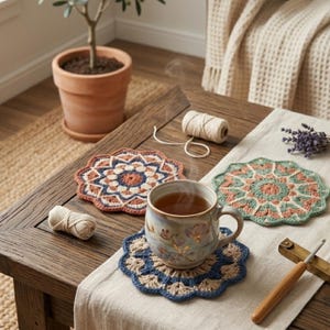 May include: A wooden table displays a cup of tea on a floral-patterned mug, resting on a blue and tan crochet coaster. Two other crochet coasters in orange, blue, and green are also visible, along with a ball of yarn and a crochet hook.