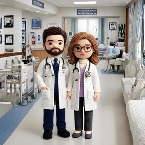 May include: Crocheted doctor and nurse dolls stand in a hospital hallway. The doctor wears a white coat, blue pants, and a stethoscope. The nurse wears a white coat, gray pants, and glasses. The dolls are handmade and have detailed features.