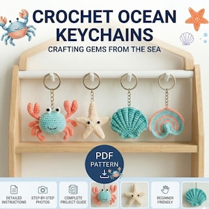 May include: Crochet ocean-themed keychains, including a crab, starfish, and seashell designs. The keychains are in blue, peach, and cream colors. The image includes the text "CROCHET OCEAN KEYCHAINS" and "CRAFTING GEMS FROM THE SEA".
