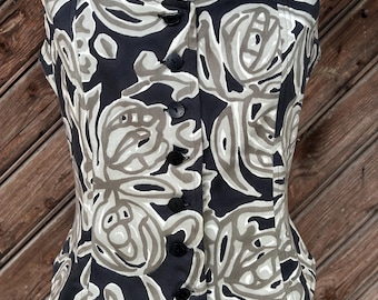 Gilet vintage Chacok Made in France con bottoni / Gilet con stampa astratta a spirale anni '90 / Top firmato bianco e nero / Taglia francese 38