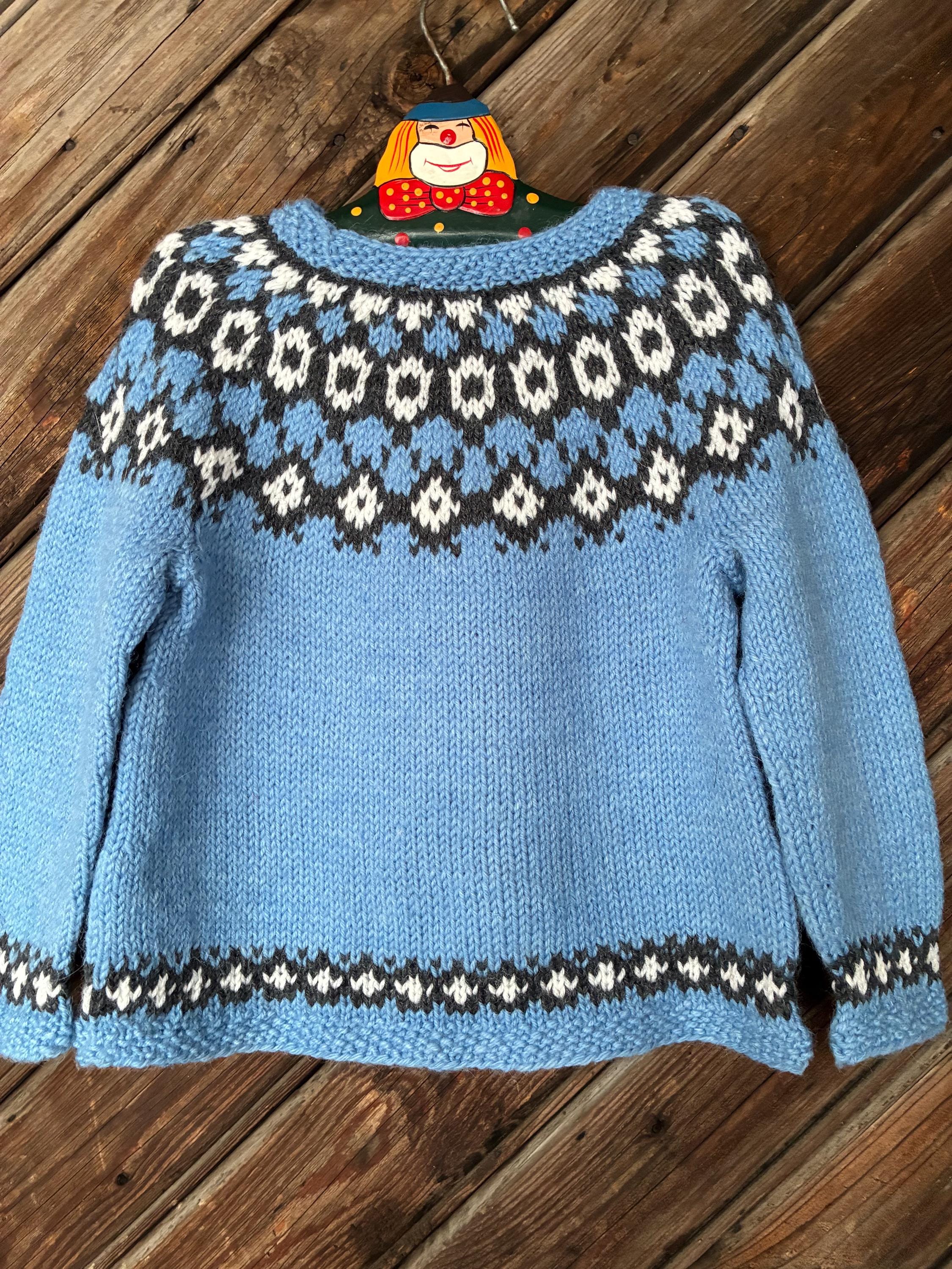 Handknitted Fair Isle Wool Sweater for Kids (1-2 Years) - Nordic Blue Black White