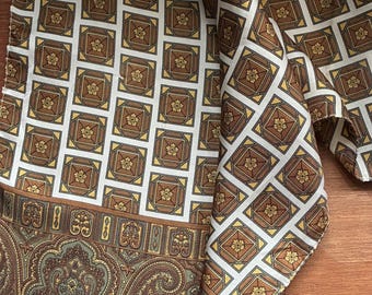 Vintage Geometric Paisley Silk Scarf | Retro Brown Gold Neckerchief | 1960s Mid-Century Modern Neckerchief
