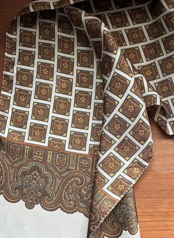 Vintage Geometric Paisley Silk Scarf | Retro Brown Gold Neckerchief | 1960s Mid-Century Modern Neckerchief