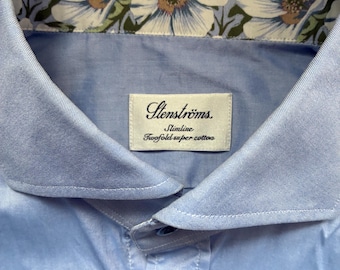 Camicia elegante blu slimline Stenströms / Cotone super resistente a doppio strato / Inserto floreale sul colletto / Taglia uomo 15 1/2 / Svedese