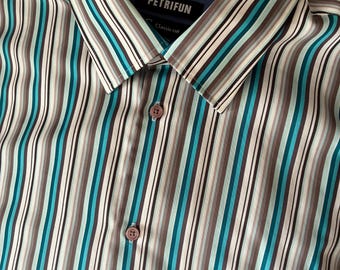 Camisa de hombre XL Petrifun a rayas con botones / Corte clásico, rayas verticales / Turquesa, gris, blanco, marrón / Talla 43/