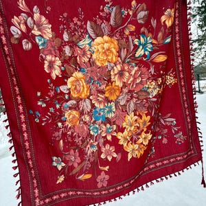 Vintage Slavic Burghundy shawl Russian Cotton floral rose boho