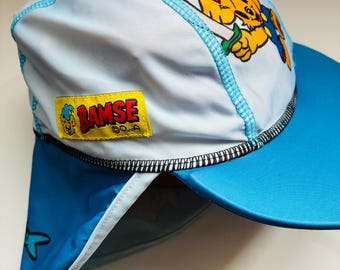 Vintage Bamse the Bear-zonnehoed voor kinderen 86-92 cm | Retro Zweedse legionairshoed met nekflap | Blauwe zomerpet voor peuters