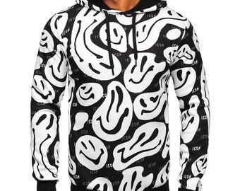 Felpa con cappuccio Trippy Melting Smiley Face: maglione streetwear Y2K bianco e nero